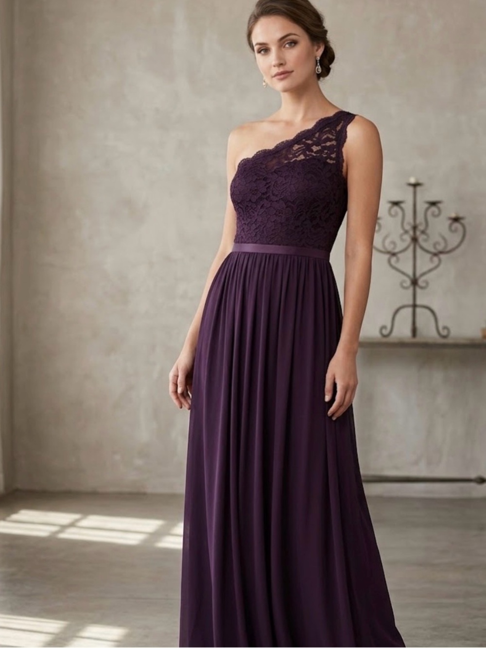 David's Bridal One-Shoulder Lace Dress in Deep Purple